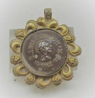 Rare Ancient Indo - Greek Gold Gilded Pendant With Coin Inset
