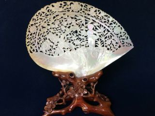 19th.  C Chinese Carved & Pierced Mother Of Pearl Shell Plaque In Wood Stand.