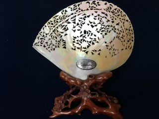 19th.  C CHINESE Carved & Pierced Mother of Pearl Shell Plaque in Wood Stand. 2