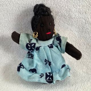 Vintage Hand Sewn 4 1/2 " Black Sock Doll Toy W/ Real Braided Hair,  Hoop Earrings