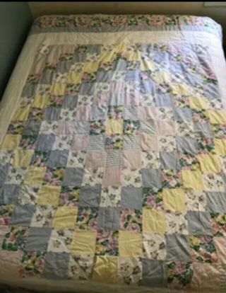 Vintage Handmade Quilt Hand Stitched Patchwork Squares 97”x83” Yellow White Pink