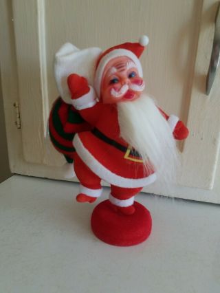 Vintage Flocked Felt & Plastic Waving Santa Claus On Stand Christmas Figurine 9 "
