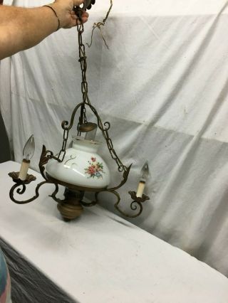 Vintage Mid Century Brass 3 Arm Hanging Electrified Oil Lamp Farm House Light