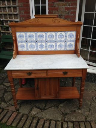 Antique Vintage Victorian Wash Stand With Marble Top And Marble Splash Back