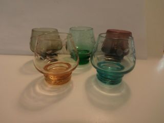 Five Vintage Miniature Etched Shot Glasses - Small Brandy Snifters - Five Colors