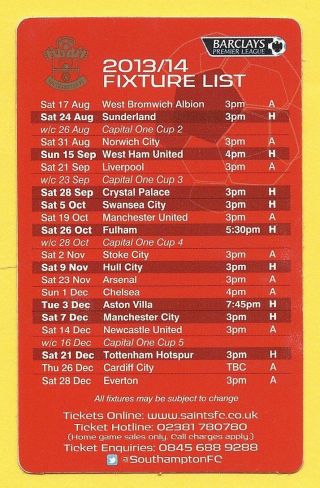 Southampton Fc 2013 - 14 Fixture List / Schedule Premier League – Football Soccer