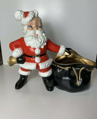Vtg Large Atlantic Mold Ceramic Santa With Toy Bag Hand Made High Gloss Usa Made