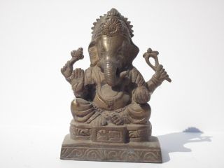 Antique Brass Yellow Bronze Sculpture Iconic Vintage Ganesh Elephant God Seated
