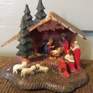 Vintage Christmas Miniature Hong Kong Hard Plastic 4” Nativity Set.  W/light Hole