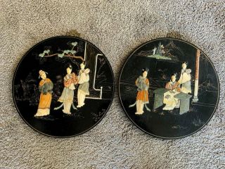 Chinese Lacquered Wood Mother Of Pearl And Jade Or Hardstone Hanging Plaques