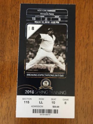 Ticket Stub From 2018 York Yankees Vs Minnesota Twins Spring Training