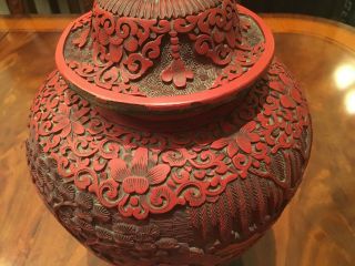 A Large and Rare Chinese Qing Dynasty Cinnabar Covered Vase with Wooden Stand. 2