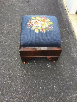 Antique Victorian Square Footstool With Floral Blue Needlepoint