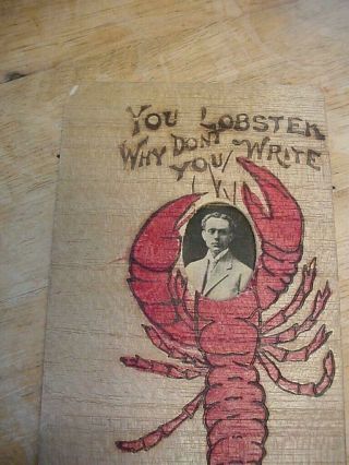 1906 Vintage Wood Post Card W Black & White Photo Of Man In Lobster Unique