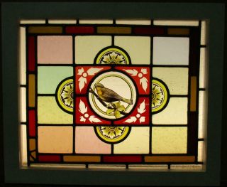 Victorian English Leaded Stained Glass Window Hand Painted Bird 21.  75 " X 18 "