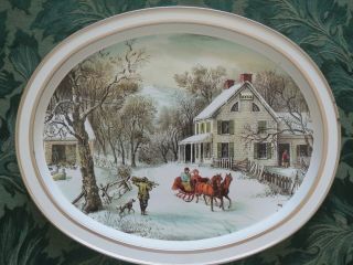 Vintage Christmas Cookie Tin Tray Currier & Ives Winter Oval