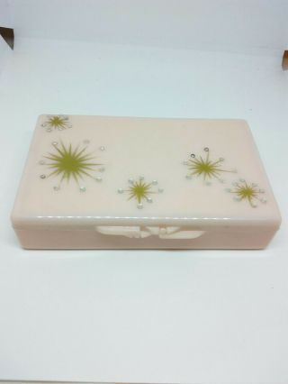 Vintage Lucite Vanity Tissue Box Lid Mirror Pink W Gold Starbursts Rhinestones