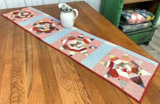 String Stars C 1930s Quilt Table Runner Assorted Prints 62 X 14 Vintage Gift