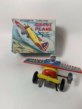 Vintage Tin Litho Wind - Up Circus Plane Airplane Japan Yone W/ Box
