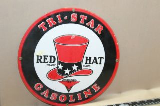 Rare Vintage Tri Star Red Hat Gasoline Station Porcelain Metal Sign Gas Oil