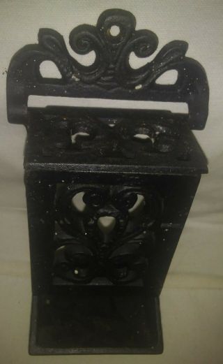 Antique Victorian Black Cast Iron Wall Mount Match Box Holder Dispenser