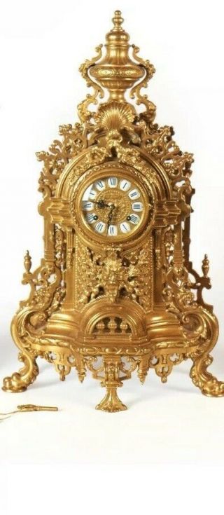 Large Antique Imperial Gilt Bronze Garniture Set & Candelabras.  Clock By Hermle