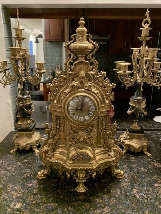 LARGE Antique Imperial Gilt Bronze Garniture Set & Candelabras.  Clock by Hermle 2