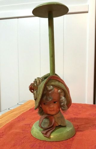 Rare Antique Wood Vintage Paper Mache Doll Head Hat Display Stand