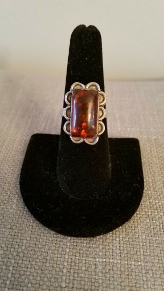 Vintage Amber And Sterling Silver Ring,  Size 7.  5