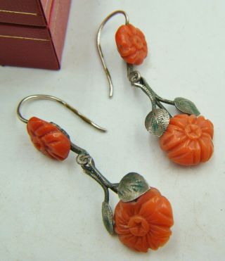 Antique Victorian Era Silver Art Nouveau Design Natural Coral Dropper Earrings