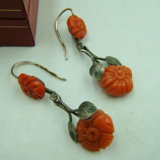 Antique Victorian Era Silver Art Nouveau Design Natural Coral Dropper Earrings 2