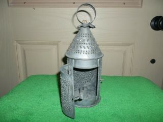 Vintage Punched Tin Hanging Candle Lantern 11  Tall