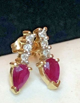 Estate Vintage 14k Yellow Gold Natural Red Ruby & Diamond Earrings Drop