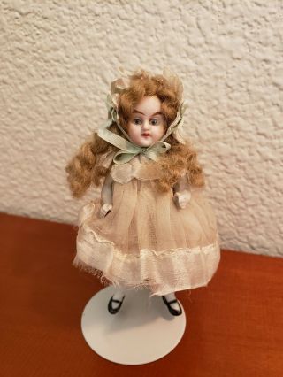 Antique Jointed All Bisque French Mignonette Doll House Girl 3 1/2 " Glass Eyes