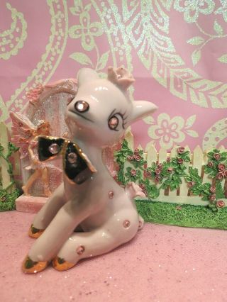 Vtg Pink Swarovski Crystal Christmas Fawn Deer Reindeer W Black Bow Tie Rose 3
