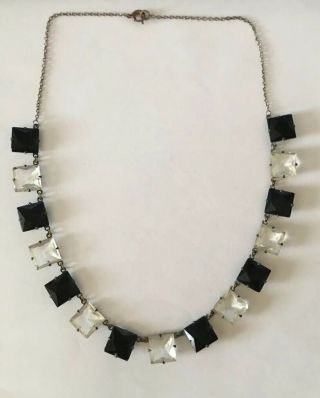Vintage Antique Art Deco Clear & Black Glass Crystal Open Back Necklace