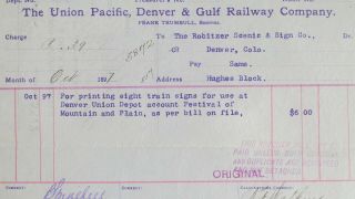 1897 Union Pacific Denver & Gulf Ry.  Voucher - Festival Of Mountain & Plain Signs