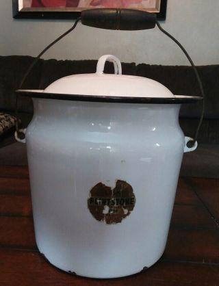 Vintage Enamelware Chamber Pot With Lid Wood Handle White Enamel Lisk Flintstone
