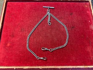 Antique Sterling Silver Pocket Watch Chain.  T Bar & 2 Clips