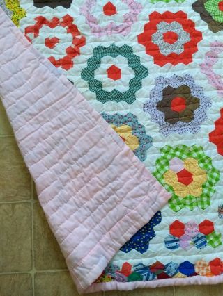 54 " X39 " Baby Girl Handmade Vintage Honeycomb Hexagon Quilt One Of A Kind