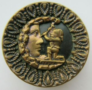 Large Antique Vtg Victorian Metal Picture Button Man Carving Moon (e)