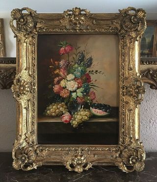 Antique Style Oil Painting Still Life Fruit & Flower Bouquet Signed Framed Art