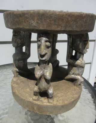 Antique African Dogon Tribe Wood Stool Carved Painted Figures Figural 3
