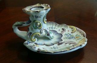 Chamberstick French Ceramic Vintage Candle Holder.  Floral Design.  Made In France