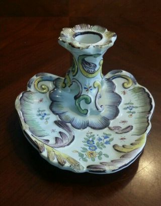 Chamberstick French Ceramic Vintage Candle Holder.  Floral Design.  Made in France 2