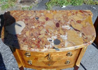Pr.  Antique French Marble Top Commodes 1920 ' s Floral Inlay Brass Mounts 2