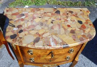 Pr.  Antique French Marble Top Commodes 1920 ' s Floral Inlay Brass Mounts 3