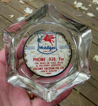 Vintage Mobilgas Sign Mobil Oil Company Glass Ashtray With 3 Digit Phone Number