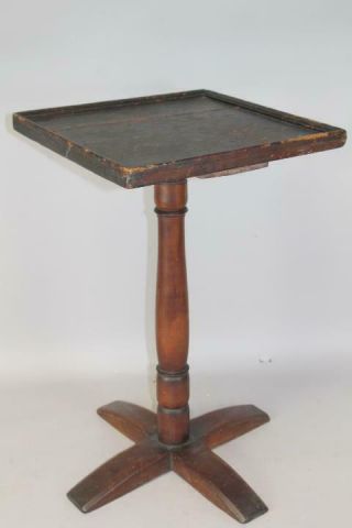 Rare Pilgrim 17th C Ma Trestle Base Tray Top Candlestand In Grungy Old Red Paint