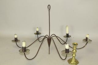 A Rare 18th C American Wrought Iron & Tin Six Candle Chandelier In Old Surface